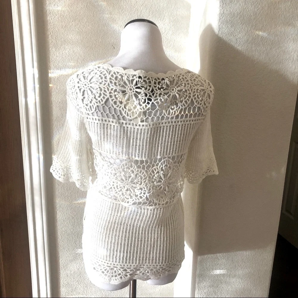 Anthropologie Crochet Top Open Knit Lacey XS Beachy James Coviello Off White NEW